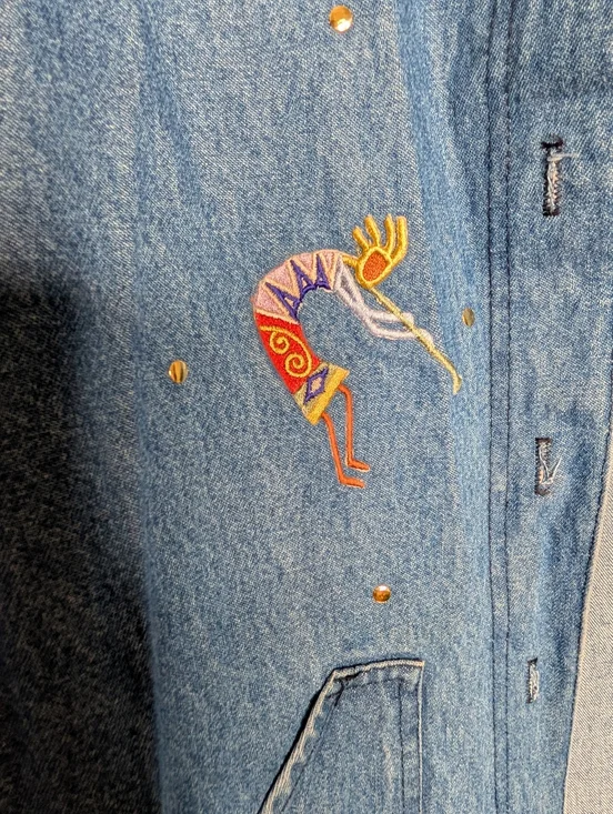 Vintage Kokopelli Embroidered Denim Jacket Made in USA Boho Southwest Small - Picture 3 of 6